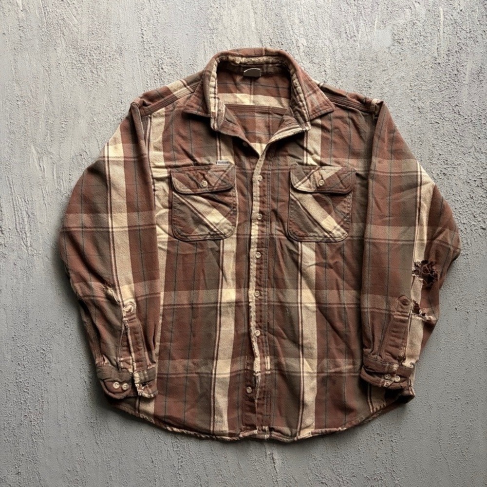 Vintage Carhartt Flannel Shirt XL Brown 1990s Plaid Distressed Workwear